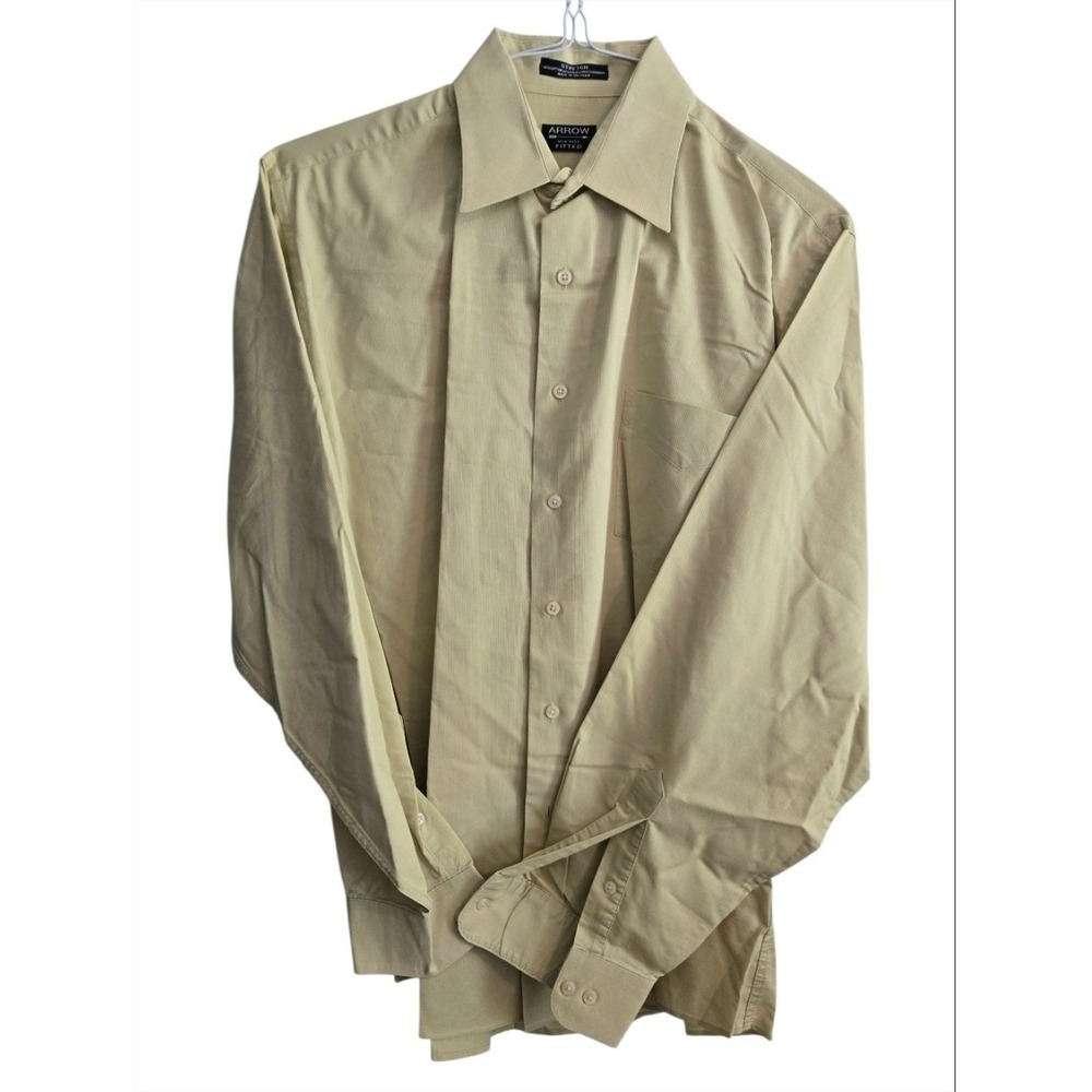 Arrow Fitted Mens Dress Shirt Large 16.5 34/35 Yellow Stretch Wrinkle Free L/S